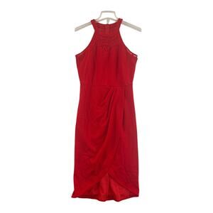 Red Lace Halter Midi Dress BBonfinedress Ruched Tulip Hem Cocktail Womens M NWOT